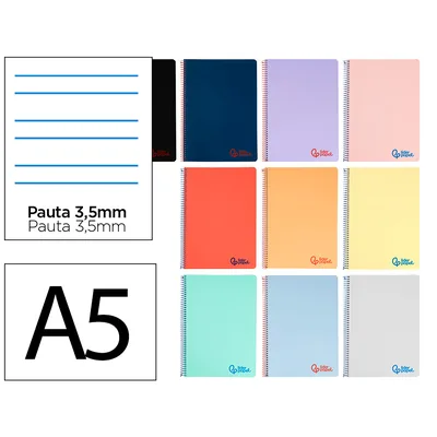 PLA Cuaderno Espiral Liderpapel A5 Wonder Tapa Plastico 80H 90G Pauta 3,5MM con Margen Colores Surtidos