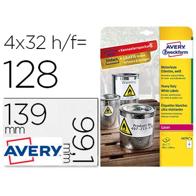 AVERY Etiqueta Adhesiva Resistente Avery Poliester Blanco 99,1X139 MM para Impresora Laser Pack de 32 Unidades