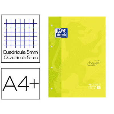 OXFORD Recambio Color 1 Oxford DIN A4+ 80 Hojas 90 GR Cuadricula 5 MM Tapa Blanda 4 Taladros Lima Touch