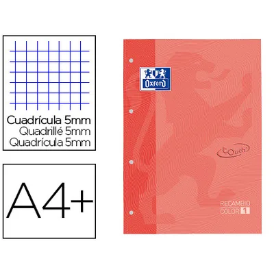 OXFORD Recambio Color 1 Oxford DIN A4+ 80 Hojas 90 GR Cuadricula 5 MM Tapa Blanda 4 Taladros Coral Touch