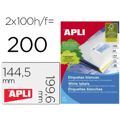 APLI Etiqueta Adhesiva Apli 2423 Tamaño 199,6X144,5 MM Fotocopiadora Laser Ink-jet Caja con 100 Hojas DIN A4