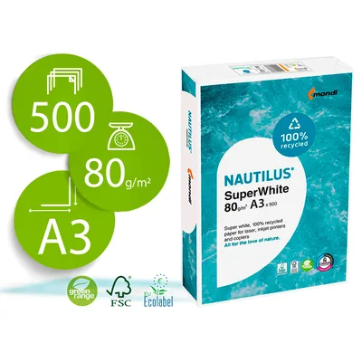 NAUTILUS Papel Fotocopiadora Nautilus Superwhite 100% Reciclado DIN A3 80 Gramos Paquete de 500 Hojas