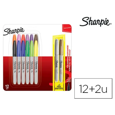 SHARPIE Rotulador Sharpie Permanente Punta Fina Blister de 12 Unidades Colores Surtidos + 2 Unidades Color