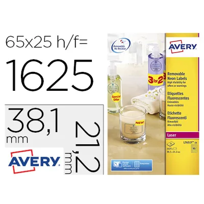 AVERY Etiqueta Adhesiva Avery Tamaño 38,1X21,2 MM Removible Amarillo Fluorescente Caja de 1625 Unidades