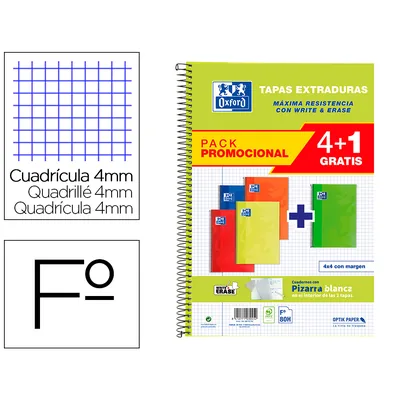OXFORD Cuaderno Espiral Oxford Tapa Extradura Folio 80 Hojas Cuadro 4 MM con Pizarra Blancapack 4+1 Colores Clasicos