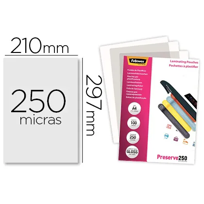 Bolsa de Plastificar Fellowes Brillo DIN A4 250 Mc Pack de 100 Unidades
