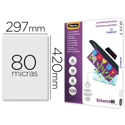FELLOWES Bolsa de Plastificar Fellowes Brillo DIN A3 80 Mc Pack 100 Unidades