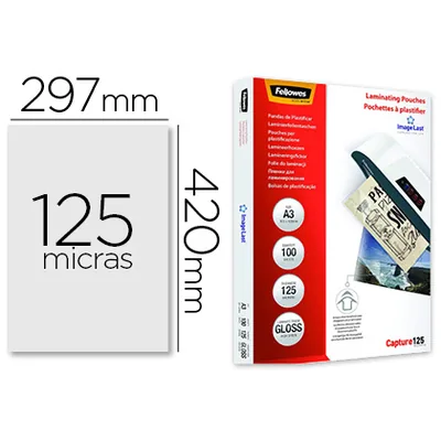 FELLOWES Bolsa de Plastificar Fellowes Brillo DIN A3 125 Mc Pack de 100 Unidades