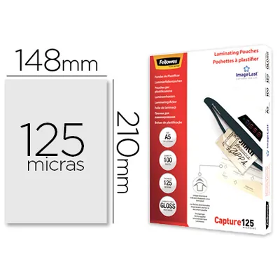 FELLOWES Bolsa de Plastificar Fellowes Brillo DIN A5 125 Mc Pack 100 Unidades