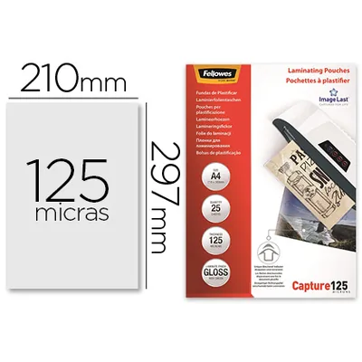 FELLOWES Bolsa de Plastificar Fellowes Brillo DIN A4 125 Mc Pack de 25 Unidades