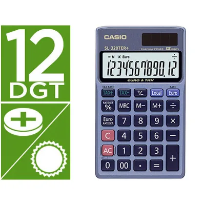 CASIO Calculadora Casio SL-320TER Bolsillo 12 Digitos Tax +/- Conversion Moneda Tecla Doble Cero Color Azul