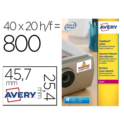 AVERY Etiqueta Adhesiva Avery Poliester Super Adherente Blanca 45,7X25,4 MM Laser Pack de 800 Unidades