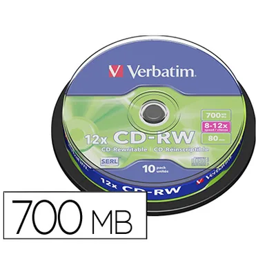 VERBATIM Cd-rw Verbatim Serl Capacidad 700MB Velocidad 12X 80 Min Tarrina de 10 Unidades