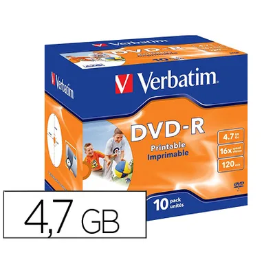 VERBATIM Dvd-r Verbatim Imprimible Capacidad 4.7GB Velocidad 16X 120 Min Pack de 10 Unidades