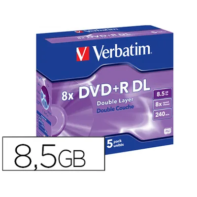 VERBATIM Dvd+r Verbatim Doble Capa Capacidad 8.5GB Velocidad 8X 240 Min Pack de 5 Unidades