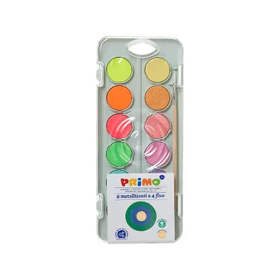 PRIMO Acuarela Primo 8 Colores Metal + 4 Colores Neon con Pincel y Paleta de Mezcla Estuche de Plastico