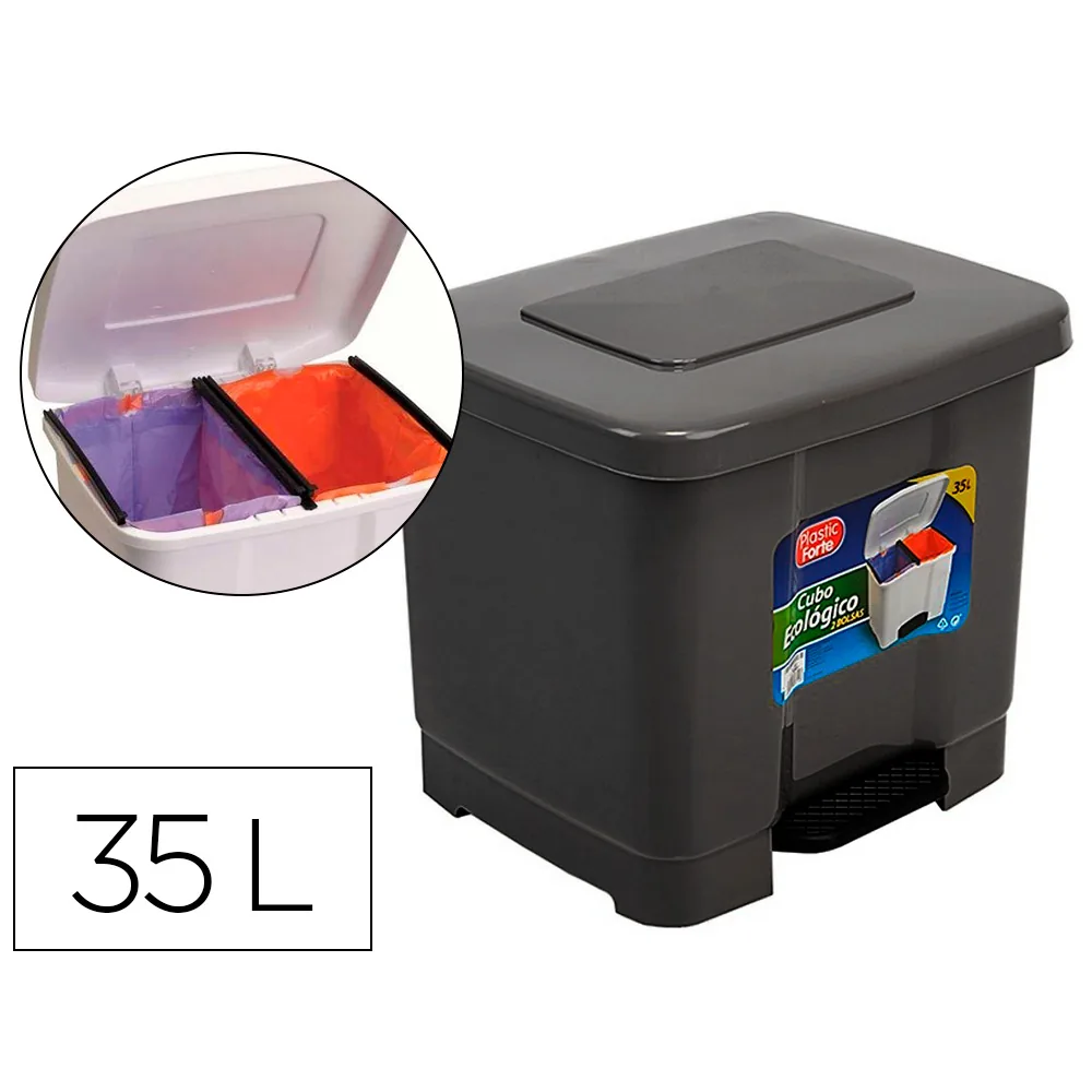 Papelera Contenedor Plasticforte Plastico con Pedal 2 Compartimentos 35 Litros Gris Oscuro