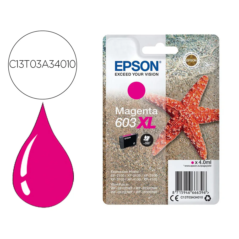 Ink-jet Epson 603XL XP-2100 / 2105 / 3100 / 4100 / WF-2810 / 2830 / 2835 / 2850 Magenta 350 Paginas