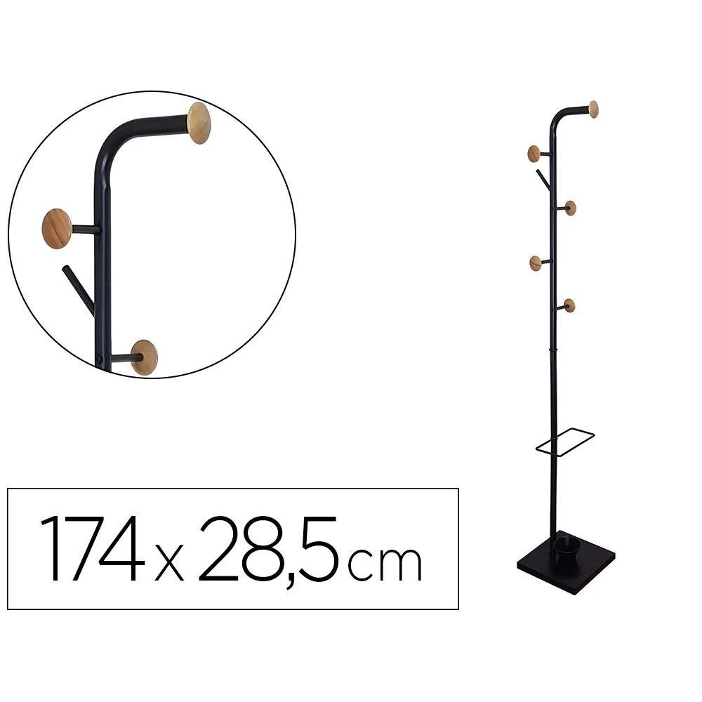 Perchero Metalico Q-Connect Negro con Detalles de Madera 6 Colgadores y Paraguero 174X28,5 CM