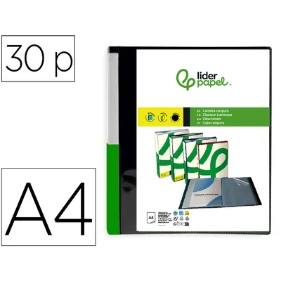 DAS Carpeta Liderpapel 30 Fundas Canguro Pp DIN A4 Negro Opaco Portada y Lomo Personalizable