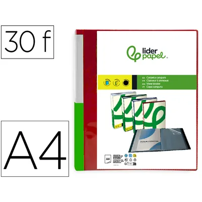 DAS Carpeta Liderpapel 30 Fundas Canguro Pp DIN A4 Rojo Translucido Portada y Lomo Personalizable