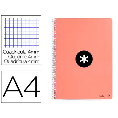ANTARTIK Cuaderno Espiral A4 Antartik Tapa Dura 80H 90GR Cuadro 4MM con Margen Color Coral