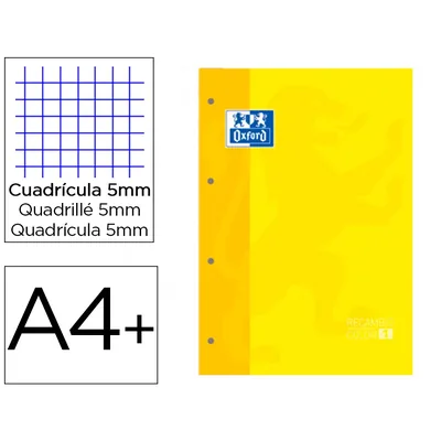 OXFORD Recambio Color 1 Oxford DIN A4+ 80 Hojas 90 GR Cuadro 5 MM 4 Taladros Color Amarillo