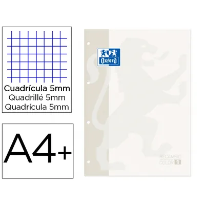 OXFORD Recambio Color 1 Oxford DIN A4+ 80 Hojas 90 GR Cuadro 5 MM 4 Taladros Color Blanco