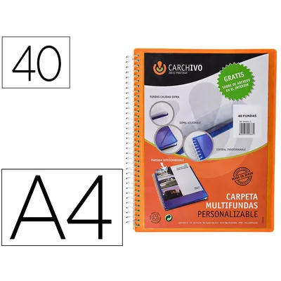 CARCHIVO Carpeta Carchivo Archivex Polipropileno Canguro Naranja Escaparate con Espiral 40 Fundas Cierre Gomas DIN A4