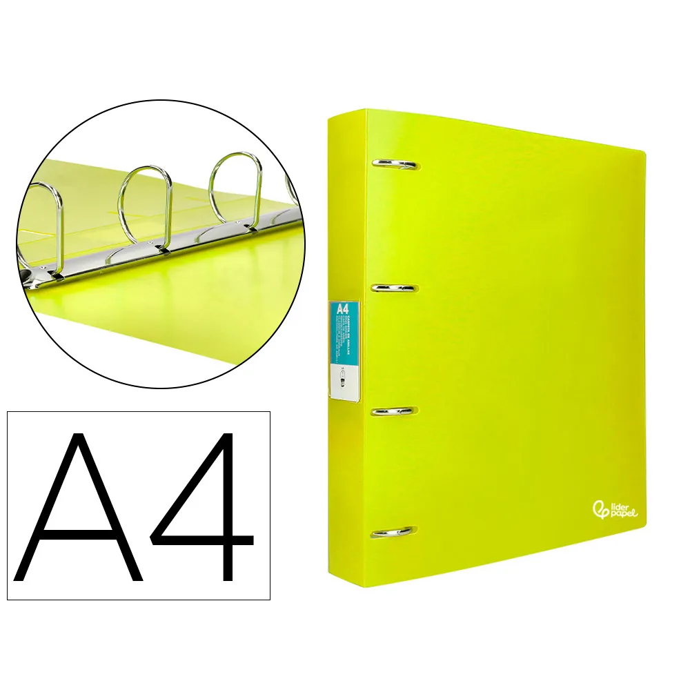 Carpeta Liderpapel 4 Anillas Mixtas 40 MM Polipropileno DIN A4 Amarillo Fluor Opaco
