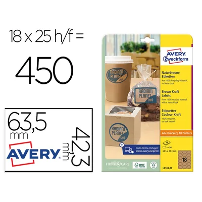 AVERY Etiqueta Adhesiva Avery Kraft Efecto Carton Ovalada 63,5X42,3 MM Removible Laser Ink-jet Caja de 320 Unidades