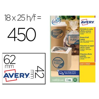AVERY Etiqueta Adhesiva Avery Kraft Efecto Carton Rectangular 62X42 MM Removible para Laser Ink-jet Caja de 160 Unidades