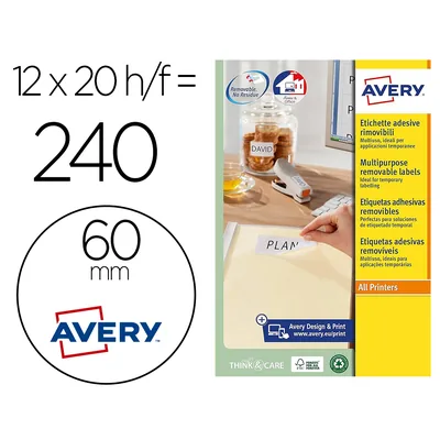 AVERY Etiqueta Adhesiva Avery Blanca Redonda Removible para Laser Ink-jet Fotocopiadora 60 MM Caja de 240 Unidades