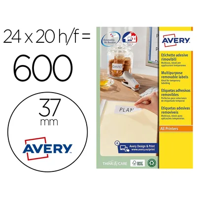 AVERY Etiqueta Adhesiva Avery Blanca Redonda Removible para Laser Ink-jet Fotocopiadora 37 MM Caja de 600 Unidades