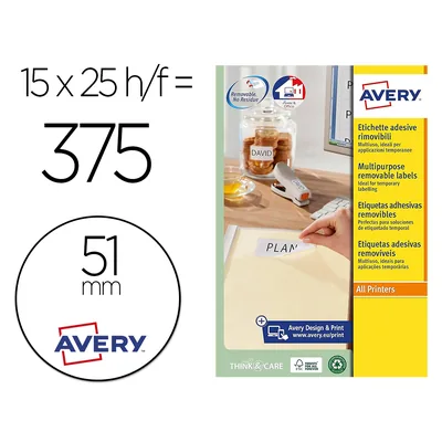 AVERY Etiqueta Adhesiva Avery Blanca Redonda Removible para Laser Ink-jet Fotocopiadora 51 MM Caja de 375 Unidades