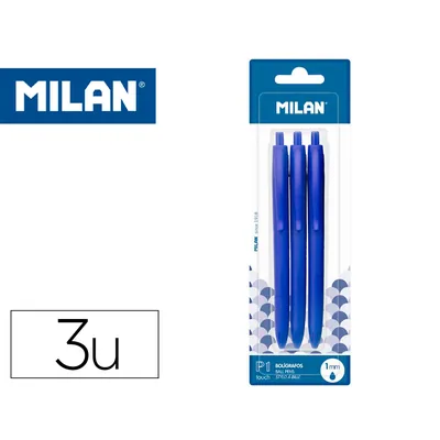 MILAN Boligrafo Milan P1 Retractil 1 MM Touch Azul Blister de 3 Unidades