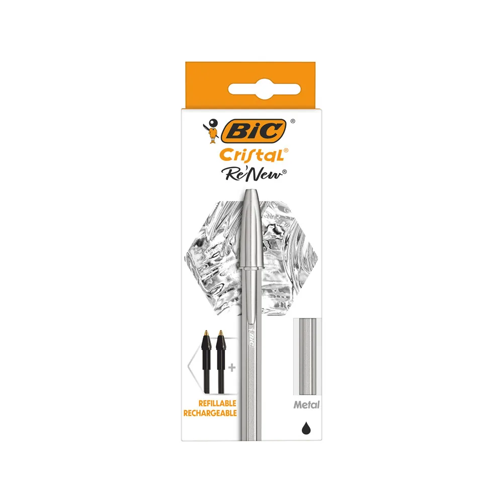 Boligrafo Bic Cristal Renew Cuerpo en Aluminio Mate Tinta Negro + 2 Recambios en Caja de Carton