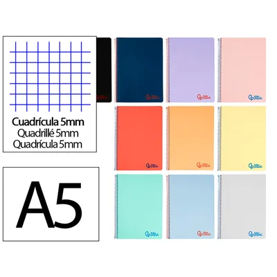 PLA Cuaderno Espiral Liderpapel A5 Wonder Tapa Plastico 80H 90GR Cuadro 5MM con Margen Colores Surtidos