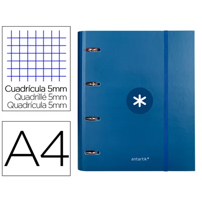ANTARTIK Carpeta con Recambio Antartik A4 Cuadro 5MM Forrada 4 Anillas 40MM Redondas con Solapa Color Azul Marino