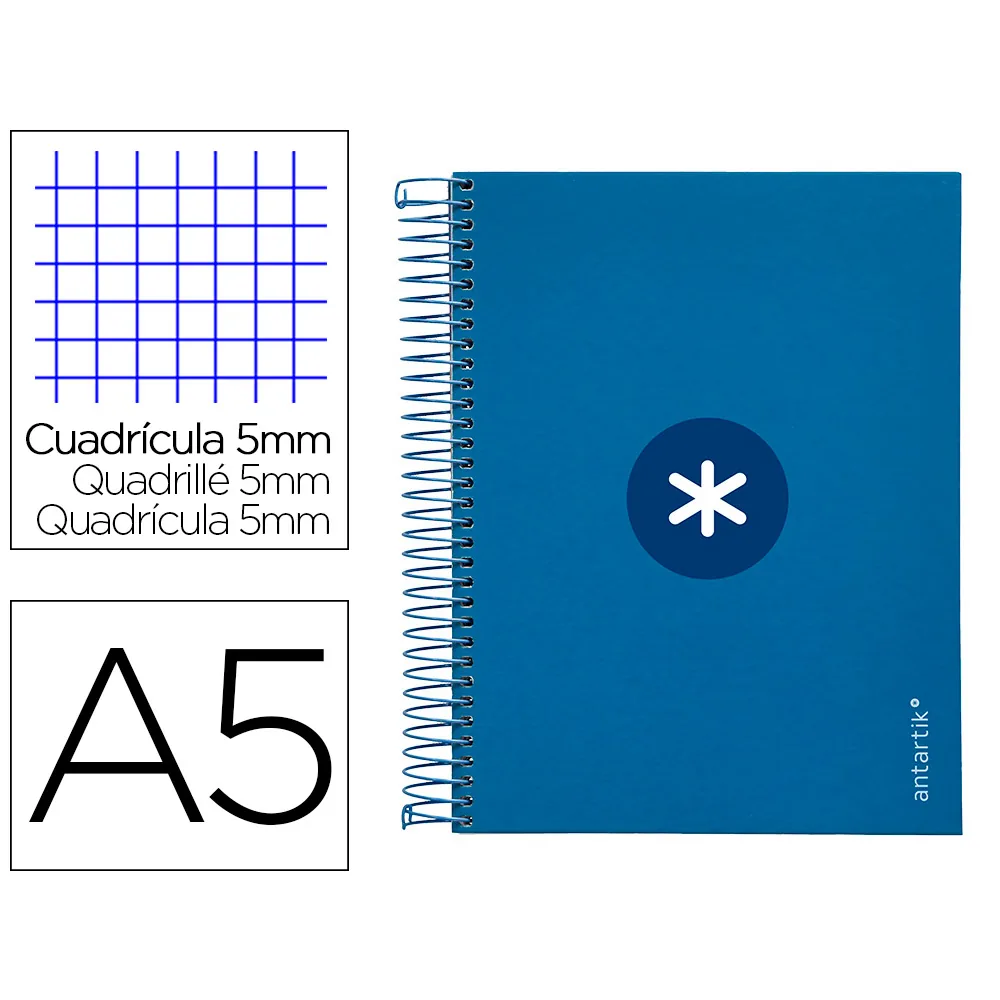 Cuaderno Espiral A5 Micro Antartik Tapa FORRADA120H 90 GR Cuadro 5MM 5 BANDAS6 Taladros Color Azul Oscuro