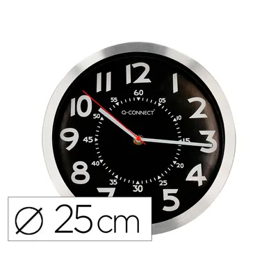 Q-CONNECT Reloj Q-Connect de Pared Metalico Redondo 25 CM Movimiento Silencioso Color Negro con Esfera Cromado
