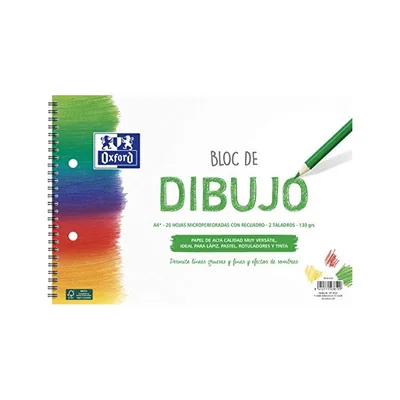 OXFORD Bloc de Dibujo Oxford Espiral DIN A4+ 20 Hojas con Recuadro 2 Taladros 130 GR
