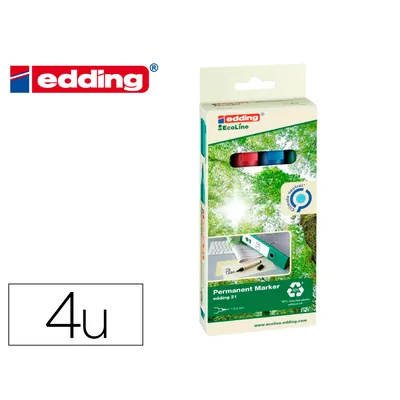 EDDING Rotulador Edding 21 Marcador Permanente Ecoline 90% Reciclado Bolsa 4 Colores Surtidos Punta Redonda 1,5-3