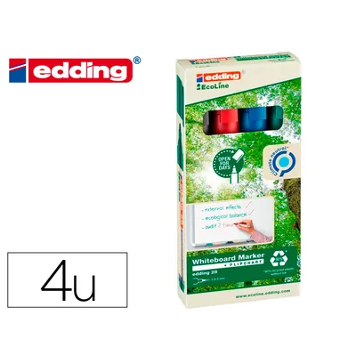 EDDING Rotulador Edding 28 para Pizarra Blanca Ecoline 90% Reciclado Bolsa 4 Colores Surtidos Punta Redonda 1,5-3