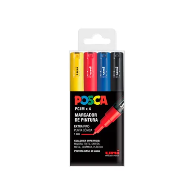 POSCA Rotulador Uni Posca PC-1M/4C Marcador de Pintura Punta Extrafina 0,7 MM Estuche de 4 Unidades Colores Basicos