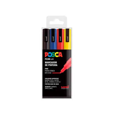 POSCA Rotulador Uni Posca PC-3M/4C Marcador de Pintura Punta Conica 0,9-1,3 MM Estuche de 4 Unidades Colores Basicos