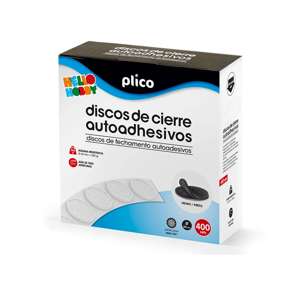 Disco de Cierre Plico Velcro Autoadhesivo 20 MM Diametro Color Negro Caja de 400 Unidades