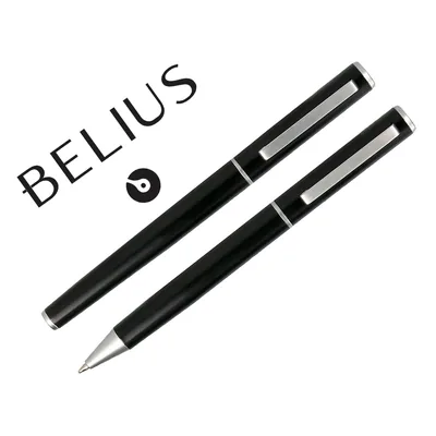 BELIUS Juego Boligrafo y Roller Belius Norwich Cuerpo Negro Mate y Detalles Cromados Satinados en Caja Regalo