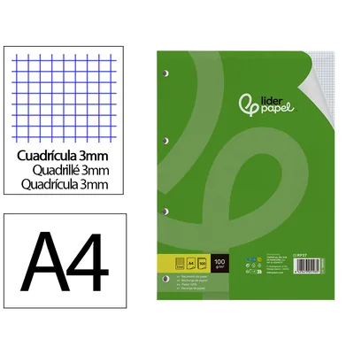 3M Recambio Liderpapel A4 100 Hojas 100GR Cuadro 3MM con Margen 4 Taladros