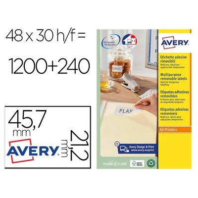 AVERY Etiqueta Adhesiva Avery Blanca Removible para Laser Ink-jet Fotocopiadora 45,7X 21,2 MM Caja de 1200 Unidades